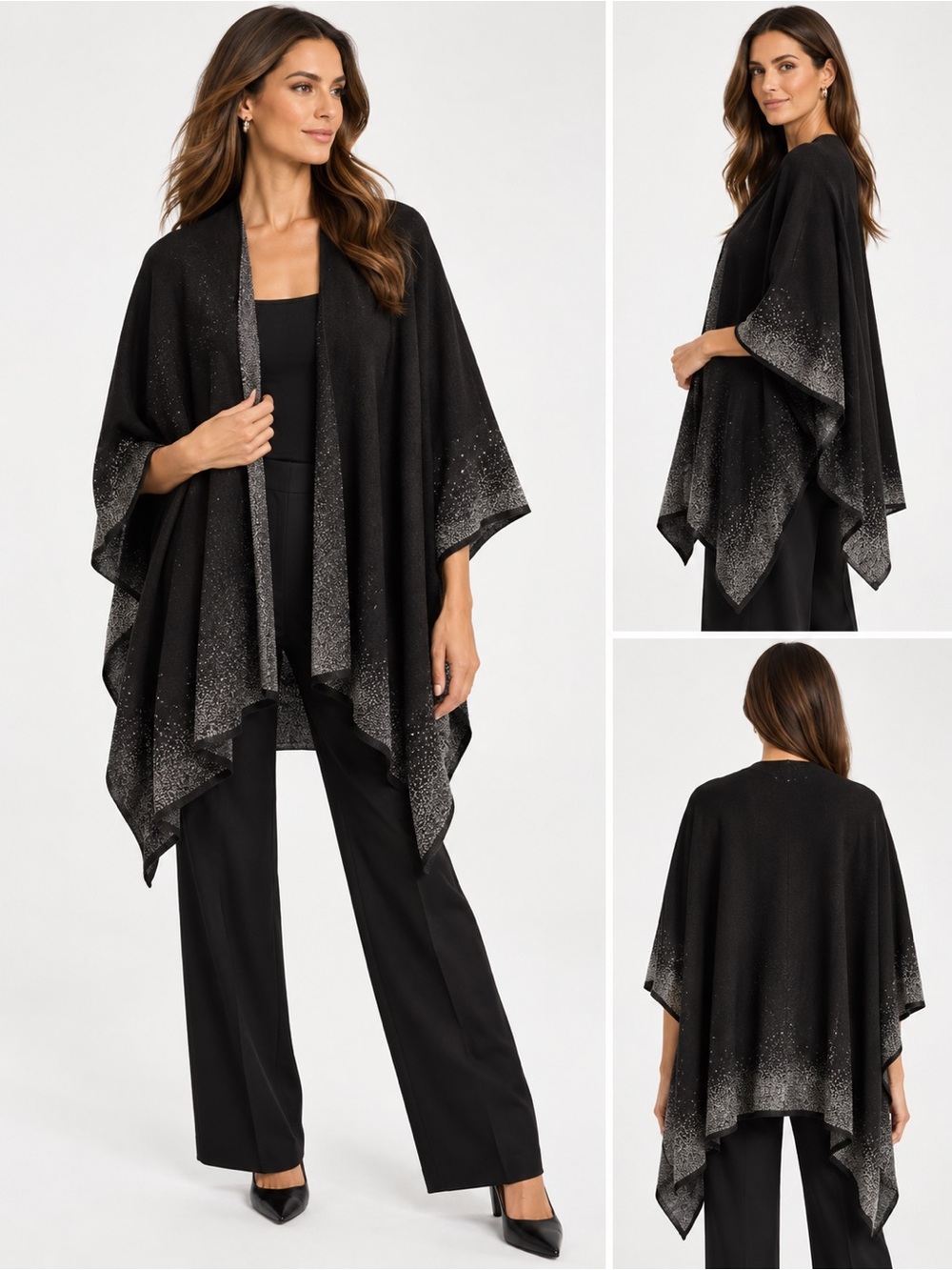 Calvin Klein Black Silver Metallic Shimmer Cape Poncho Wrap One Size
